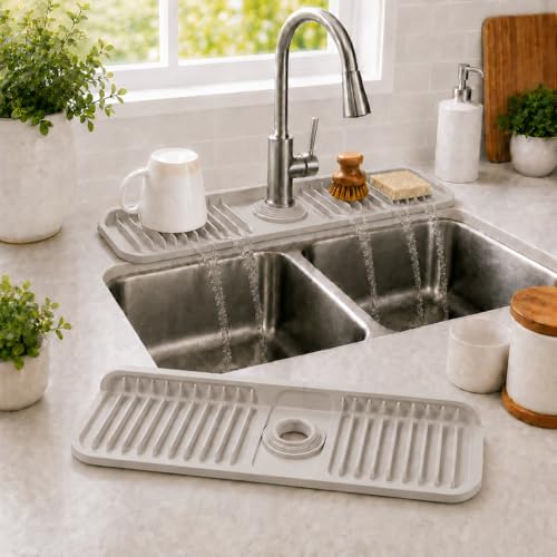 17.7" Silicone Faucet Mat for Kitchen Sink,7° Draining Mat with Snap Button Lock,Faucet Splash Guard and Sink Counter Organizer,Trim-to-Fit Kitchen Faucet Protector for Sponge Brush Cup - color: Gray, size: 17.7"