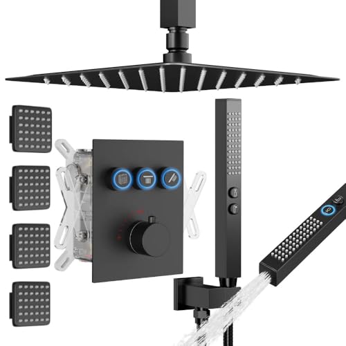 Thermostatic Shower System with Body Jets, STARBATH 12" Rain Shower with 2 in 1 Handheld, Can Use All at Once, Ceiling Mount Complete Shower Faucet Set with Thermostatic Valve Trim Kit, Matte Black - color: Matte Black, size: 12"-02