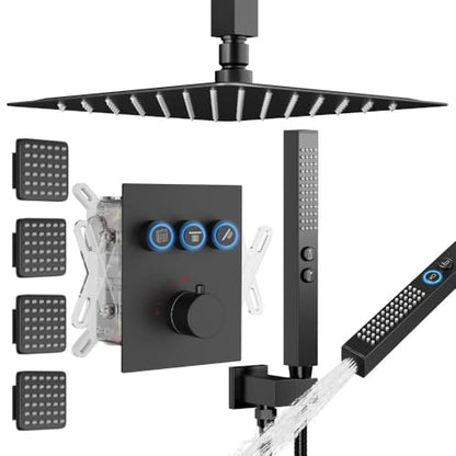 Thermostatic Shower System with Body Jets, STARBATH 12" Rain Shower with 2 in 1 Handheld, Can Use All at Once, Ceiling Mount Complete Shower Faucet Set with Thermostatic Valve Trim Kit, Matte Black - color: Matte Black, size: 12"-02