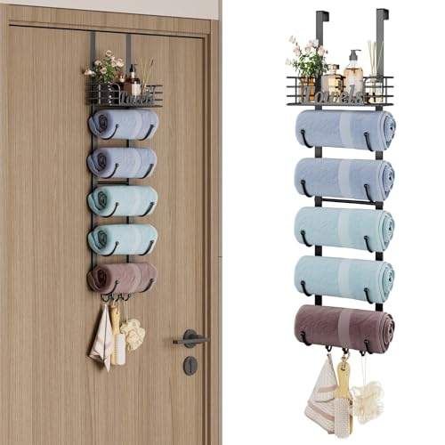 Over The Door Towel Rack 6 Tier with Metal Shelf and Hooks, Black | Wall Mounted, Rolled Towel Storage, Bathroom Door Holder Organizer