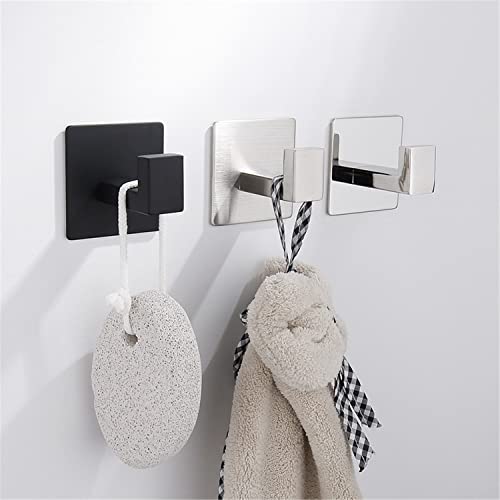 Flybath 2PCS Towel Hooks Self Adhesive 304 Stainless Steel Brushed Silver | Square, No Drill, Strong Hold, Rustproof, Wall Mount, Stylish Coat Robe Shower Hook For Hanging, Kitchen Bathroom Accessories - color: Brushed