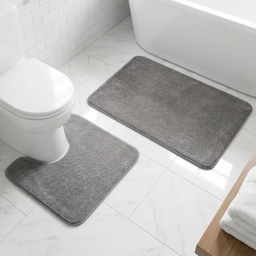 Muddy Mat® CloudStep Bathroom Rugs 2 Piece Set, Non Slip Bath Mats for Bathroom, Absorbent Memory Foam Chenille, Machine Washable Quick Dry Toilet Rug Set, Grey 20"x30" + 20"x20" U-Shaped - color: Grey
