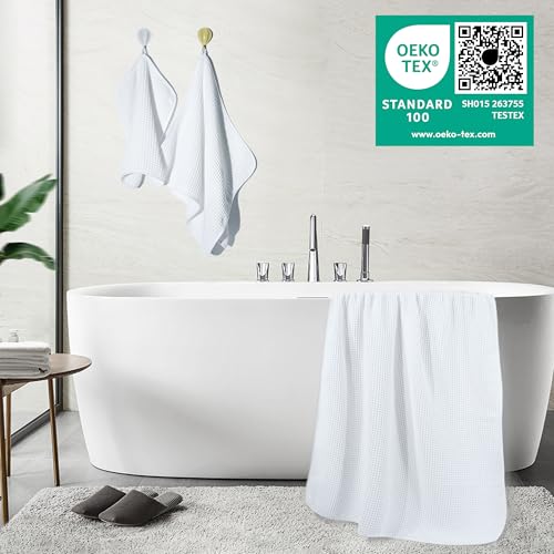 POLYTE 430 GSM Poly Blend Microfiber Quick Dry Waffle Bath Towel Set of 6 | 2-Body Towels, 2-Hand Towels, 2-Wash cloths, Oversize, Lint Free - color: White