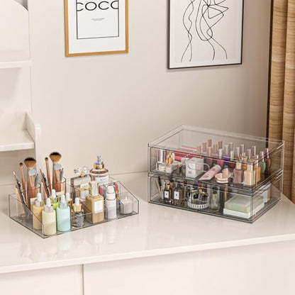 Clear Stackable Makeup Organizer with Drawer, 12''W Acrylic Storage Drawers | Cosmetic Display Case for Vanity Bathroom Countertop Drawers, Beauty Holder for Lipstick Brush Skincare Perfume - size: 3 Pack
