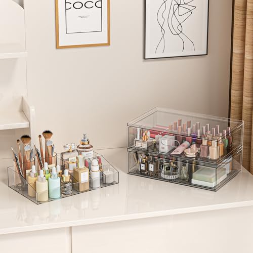 Clear Stackable Makeup Organizer with Drawer, 12''W Acrylic Storage Drawers | Cosmetic Display Case for Vanity Bathroom Countertop Drawers, Beauty Holder for Lipstick Brush Skincare Perfume - size: 4 Pack
