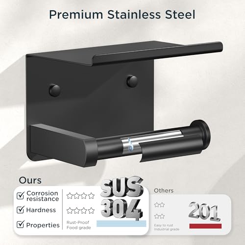 FORIOUS Toilet Paper Holder with Shelf, Adhesive or Screw, Matte Black | Wall Mount Toilet Paper Roll Holder for Bathroom, Stainless Steel Commercial Toilet Tissue Roll Dispenser with Phone Shelf - color: Matte Black