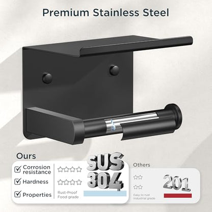 FORIOUS Toilet Paper Holder with Shelf, Adhesive or Screw, Matte Black | Wall Mount Toilet Paper Roll Holder for Bathroom, Stainless Steel Commercial Toilet Tissue Roll Dispenser with Phone Shelf - color: Matte Black