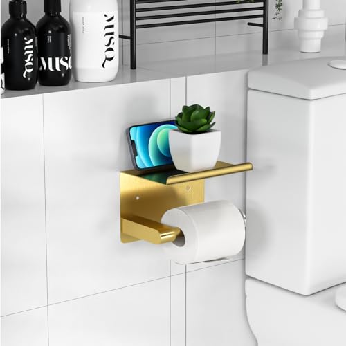 GLNLQ Brushed Gold Toilet Paper Holder Wall Mount, Fits Mega Rolls Size Rustproof Self Adhesive Brushed Brass Toilet Paper Holder Gold with Shelf | Fits Mega Rolls Size, Waterproof and Rustproof Stainless Steel, with Shelf Wall Mount Design, Thickened Thi