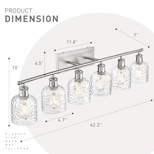 zeyu 6-Light Bathroom Wall Light Fixture, 42 Inch Modern Nickel Vanity Lighting Fixtures for Bedroom, Brushed Nickel Finish with Clear Hammered Glass, ZJF63B-6W BN - color: Brushed Nickel|Hammered Glass, size: 6-Light