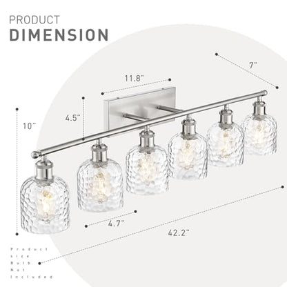zeyu 6-Light Bathroom Wall Light Fixture, 42 Inch Modern Nickel Vanity Lighting Fixtures for Bedroom, Brushed Nickel Finish with Clear Hammered Glass, ZJF63B-6W BN - color: Brushed Nickel|Hammered Glass, size: 6-Light