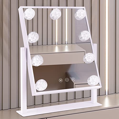 BWLLNI Vanity Mirror with Lights, Makeup Mirror with 9 LED Diamond Bulbs | Hollywood Mirror Touch Control Design 3 Colors Dimmable Bulbs Detachable 10X Magnification 360°Rotation - color: White-diamond, size: 14.1"L x 2.6"W