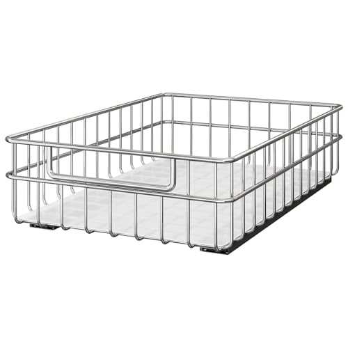 Pull out Cabinet Organizer, Stainless Steel 1-Pack (9.8"W x 16.5"D) Full-Extension Slide out Drawer, Adhesive Roll out Can Spice Storage Basket Shelf Rack for Pantry, Kitchen, Bathroom, Home Closet - size: (9.8"W x 16.5"D x 4.7"H)