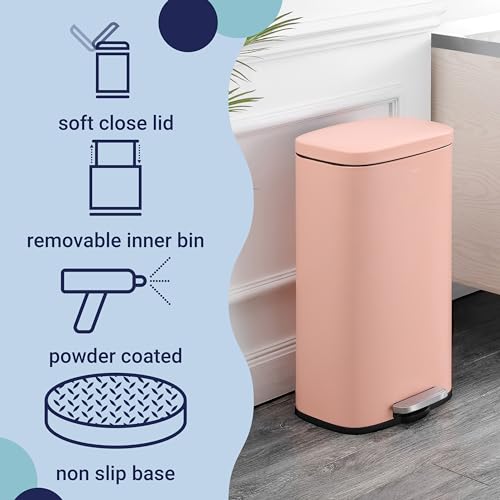 happimess Curtis 8 Gal Step Trash Can Soft Close 25", Flamingo Pink | Iron Construction, Satin Finish, Removable Liner, Steel Pedal, 20 Trash Bags Included, Kitchen Office Bin - color: Flamingo Pink
