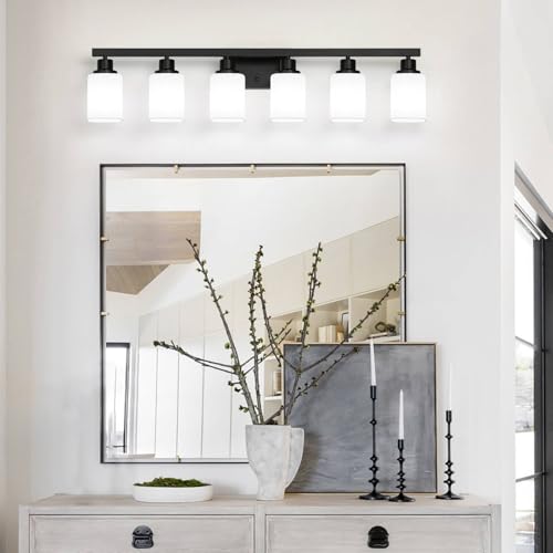 6 Light Bathroom Vanity Light, Modern Matte Black Bathroom Light Fixtures with Square Frosted Glass, Wall Sconces fixtures Over Mirror Restroom,Living Room Hallway E26 - color: Black, size: 6-Light