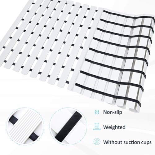White Weighted Non Slip Bathtub Mat Without Suction Cups,Textured TPE Bath Mat for Textured Tub & Shower Surfaces,Doesn't Float, Works on Tile and Stone(33.8”x 17”)