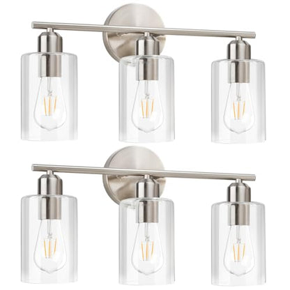 Brushed Nickel Vanity Lights - 3-Light Modern Bathroom Lighting Fixtures with Clear Glass Shade - Wall Sconce for Hallway - 2Pack - color: Brushed Nickel, size: 3 Light - 2 pack
