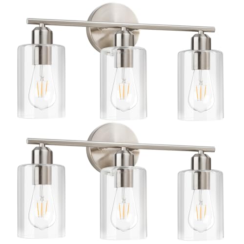 Brushed Nickel Vanity Lights - 3-Light Modern Bathroom Lighting Fixtures with Clear Glass Shade - Wall Sconce for Hallway - 2Pack - color: Brushed Nickel, size: 3 Light - 2 pack