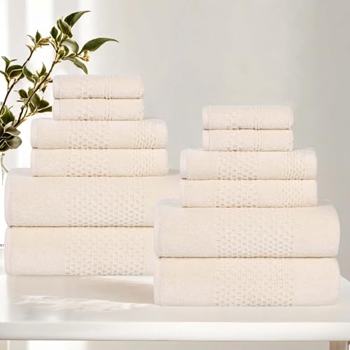 Superior Playa Zero Twist Cotton Medium Weight Towels, for Guest Bath, Bathroom, Shower, Spa, Plush, Quick Dry, Ultra-Soft Towels, Bath Essentials, Waffle Textured, 12 Piece Assorted Towel Set, Ivory - color: Ivory, size: 12 Piece Towel Set