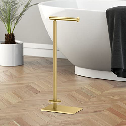 Gatco 1443B, Modern Rectangle Base Freestanding Toilet Paper Holder with Storage, 21.13”H, Brushed Brass - color: Brushed Brass, 21.13"h