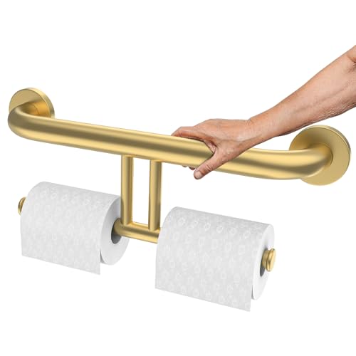 Brushed Gold Grab Bar for Bathroom 17 Inch, Zepolu Stainless Steel 2-in-1 Safety Handrail w/Double Toilet Paper Holder, Wall Mounted Balanced Support Bar Assist Handle for Senior Elderly Handicap - color: Paper Holder - Gold, size: 17 inch