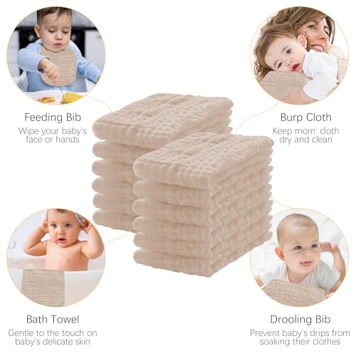 Lovely Care 12 Pack Muslin Burp Cloths 100% Cotton Muslin Cloths Large 20''x10'' Extra Soft and Absorbent Baby Burping Cloth - Brown - color: Brown, size: 10x20 Inch (Pack of 12)