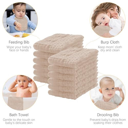 Lovely Care 12 Pack Muslin Burp Cloths 100% Cotton Muslin Cloths Large 20''x10'' Extra Soft and Absorbent Baby Burping Cloth - Brown - color: Brown, size: 10x20 Inch (Pack of 12)