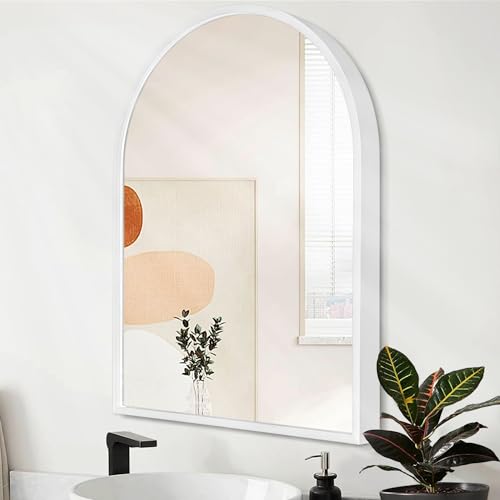 Arched Wall Mirror Aluminum Alloy Frame Bathroom Mirror Brushed Metal Vanity Wall Mounted Mirrors for LivingRoom Bedroom Entryway Room Home Decor White 16"x12" - color: White, size: 16"L x 12"W