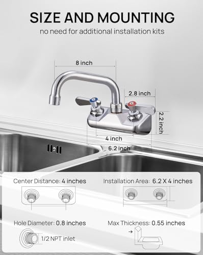 4" Center 8" Spout Commercial Wall Mount Sink Faucet for Restaurant & Bar | Solid Brass with Chrome Finish, 1.8 GPM Stainless Swivel Spout, Leak-Free Washerless Ceramic Cartridge Valve, 1/2" NPT Male - size: 4" center 8" spout