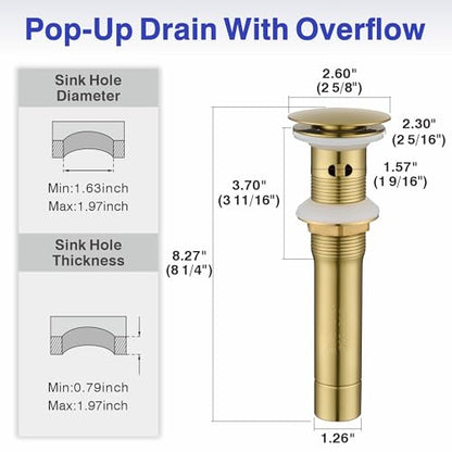 Bathroom Faucet with Sprayer, Brushed Gold Single Hole with Pop-Up Drain | Kablle Single Handle Pull Out 1 or 3 Hole Laundry Bar Basin Faucet with Deck Plate, KBL-7002BG-CL - color: Brushed Gold