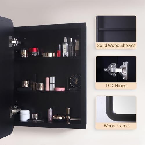 Black Medicine Cabinet, 18x26.5 Inch Wood Framed Mirror, Fully Assembled Recessed or Wall Mount Wood Cabinet with 2 Storage Shelves, Fully Assembled - color: Black