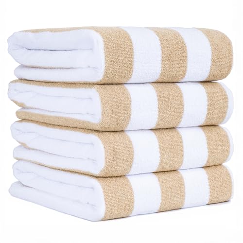 American Soft Linen Cabana Striped Beach Towels, 30x60 inch 4 Piece Oversize Pool Towels, Quick Drying Sand Free Swim Towels, Beige - color: Beige