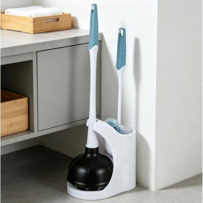 Space Saving Toilet Plunger & Brush Combo with Matching Storage Caddy, Heavy Duty Stain Resistant Bathroom Cleaning Kit for Small Bathroom Restroom Organizing
