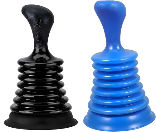 Mini Sink Plunger 2 Pack (Blue & Black), Powerful Bellows Clog Remover, Commercial Style Plumbing Tool for Kitchen & Bathroom Drains, Compact for Sink, Bathtub & Shower