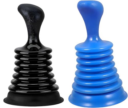 Mini Sink Plunger 2 Pack (Blue & Black), Powerful Bellows Clog Remover, Commercial Style Plumbing Tool for Kitchen & Bathroom Drains, Compact for Sink, Bathtub & Shower