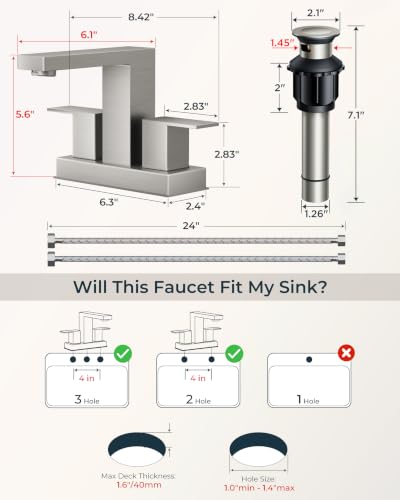 QFN 4 Inch Centerset Bathroom Faucet 2 or 3 Hole Two Handles Brushed Nickel | Bathroom Sink Faucet Square with Pop-up Drain and 24" cUPC Supply Lines, Lead-Free for RV Vanity Laundry Farmhouse Sink - color: Brushed Nickel, style: Centerset
