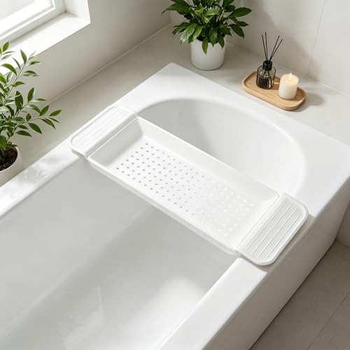 Kisangel Expandable Bathtub Tray and Multihole Drainage Design Gift for Housewarmings with Antislip Foot Pads Plastic Bath Tub Shelf Organizer for Book, Towel, and Drink Holder