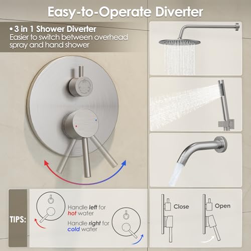 Gabrylly Shower System, 10" Bathtub Shower Faucets Set, Brushed Nickel | All Metal Rain Shower Head with Handheld Spray Combo and Tub Spout, Luxury Bathroom Rainfall Shower Head Set With Valve - color: Nickel
