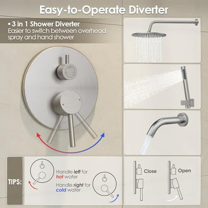 Gabrylly Shower System, 10" Bathtub Shower Faucets Set, Brushed Nickel | All Metal Rain Shower Head with Handheld Spray Combo and Tub Spout, Luxury Bathroom Rainfall Shower Head Set With Valve - color: Nickel