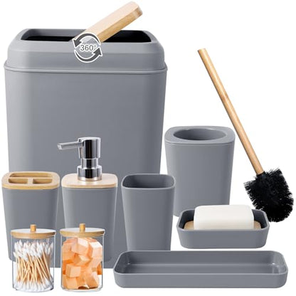 Grey Bathroom Accessories Set with Trash Can 9 Piece Grey Bathroom Decor Toothbrush Holder,Toothbrush Cup,Lotion Soap Dispenser,Vanity Tray,Soap Dish,Toilet Brush,Qtip Holder - size: Bath Set, style: Grey