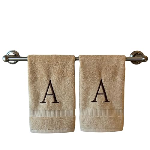Beige with Brown Monogrammed Hand Towels for Bathroom - Set of 2 Letter A | Luxury Hotel Quality Initial Towels For Powder Room, Spa, GOTS Organic Certified - color: Beige With Brown, size: Initial A