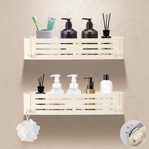 Lekesky Suction Cup Shower Caddy, No Drill Shower Shelf, Aluminum Rust Proof Bathroom Shower Organizer with 12 Hooks, （2-Pack, Cream） - color: Cream