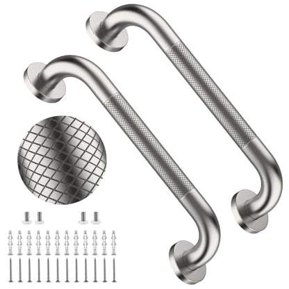12 Inch Anti Slip Shower Grab Bar,YuanDe Brushed Nickel Bath Grab Bar | Stainless Steel Knurled Bathroom Safety Rail,Shower Handrail Support, Handicap Elderly Balance Assist Handles-1" Diameter - color: Brushed Nickel, size: 12inch-2Pack
