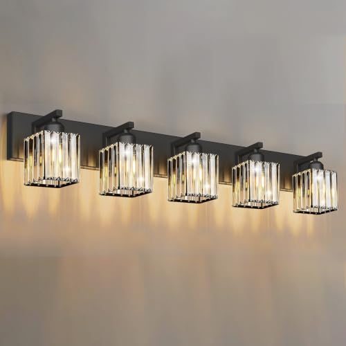 Black Crystal Bathroom Vanity Light, 5-Light Modern Bathroom Lighting Fixtures Over Mirror, Matte Black Wall Sconce Light Fixtures with Square Shade - color: Black-Square Shade, size: 5-LIGHT