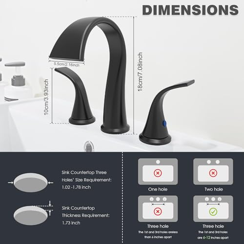 Bathroom Faucets 3 Hole Bathroom Sink Faucet with Pop Up Drain and Water Supply Hoses 8 Inch Waterfall Bathroom Faucet Two Handles for Vanity,Lavatory,Restroom,Commercial,Black - color: Black