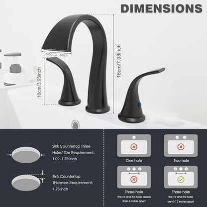 Bathroom Faucets 3 Hole Bathroom Sink Faucet with Pop Up Drain and Water Supply Hoses 8 Inch Waterfall Bathroom Faucet Two Handles for Vanity,Lavatory,Restroom,Commercial,Black - color: Black