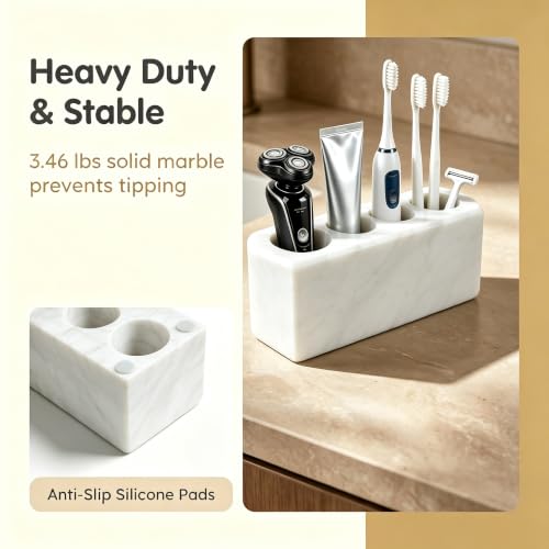 Marble Toothbrush Holder, 4 Slots for Multiple Toothbrushes | Toothbrush Stand Fits Electric Toothbrush, Toothpaste, Razor & Makeup Brushes, Luxury Stone Storage Toothbrush Organizer