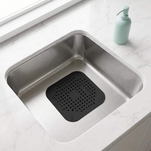 Square Silicone Drain Cover, 5.7 Inch Flat Shower Drain Hair Catcher with Suction Cups, TPR Drain Protector Stopper for Bathroom and Kitchen, Anti-Slip Floor Drain Strainer (2 Pack, Black)