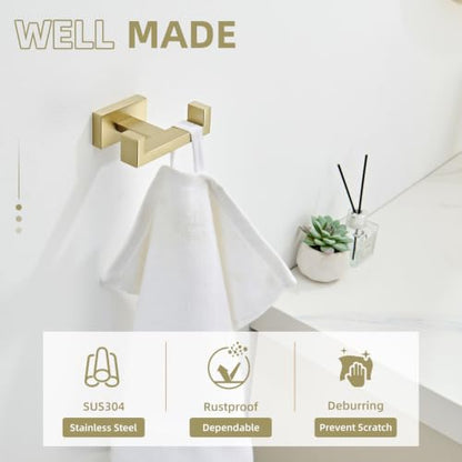 Angle Simple Double Towel Hook Brushed Gold, Bathroom Robe Holder for Wall | SUS304 Stainless Steel, Heavy Duty Dual Coat Hook, Hand Towel Hanger Screw Wall Mount - color: Brushed Gold, size: 1 Pack