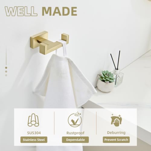 Angle Simple Double Towel Hook Brushed Gold, Bathroom Robe Holder for Wall | SUS304 Stainless Steel, Heavy Duty Dual Coat Hook, Hand Towel Hanger Screw Wall Mount - color: Brushed Gold, size: 1 Pack