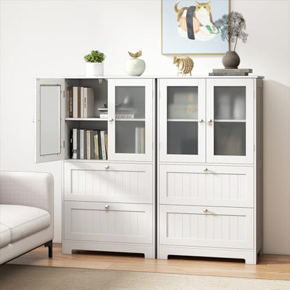 Tangkula Bathroom Floor Storage Cabinet, Freestanding Cupboard Pantry with 2 Drawers and 2 Frosted Glass Doors, Adjustable Shelf, for Kitchen, Living Room, Dining Room, 23.5" x 12" x 42.5" (White)